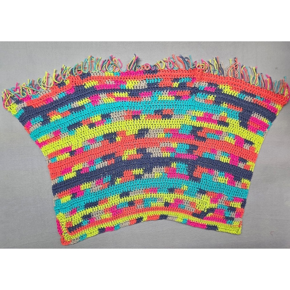 Handmade Crochet Granny‎ Stripe Lap Blanket Neon Multicolor Fringe Boho Throw